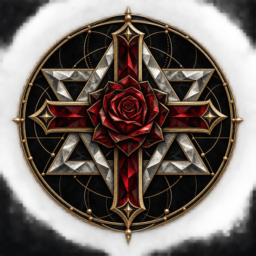 A crimson rose cross interwoven with a silver star